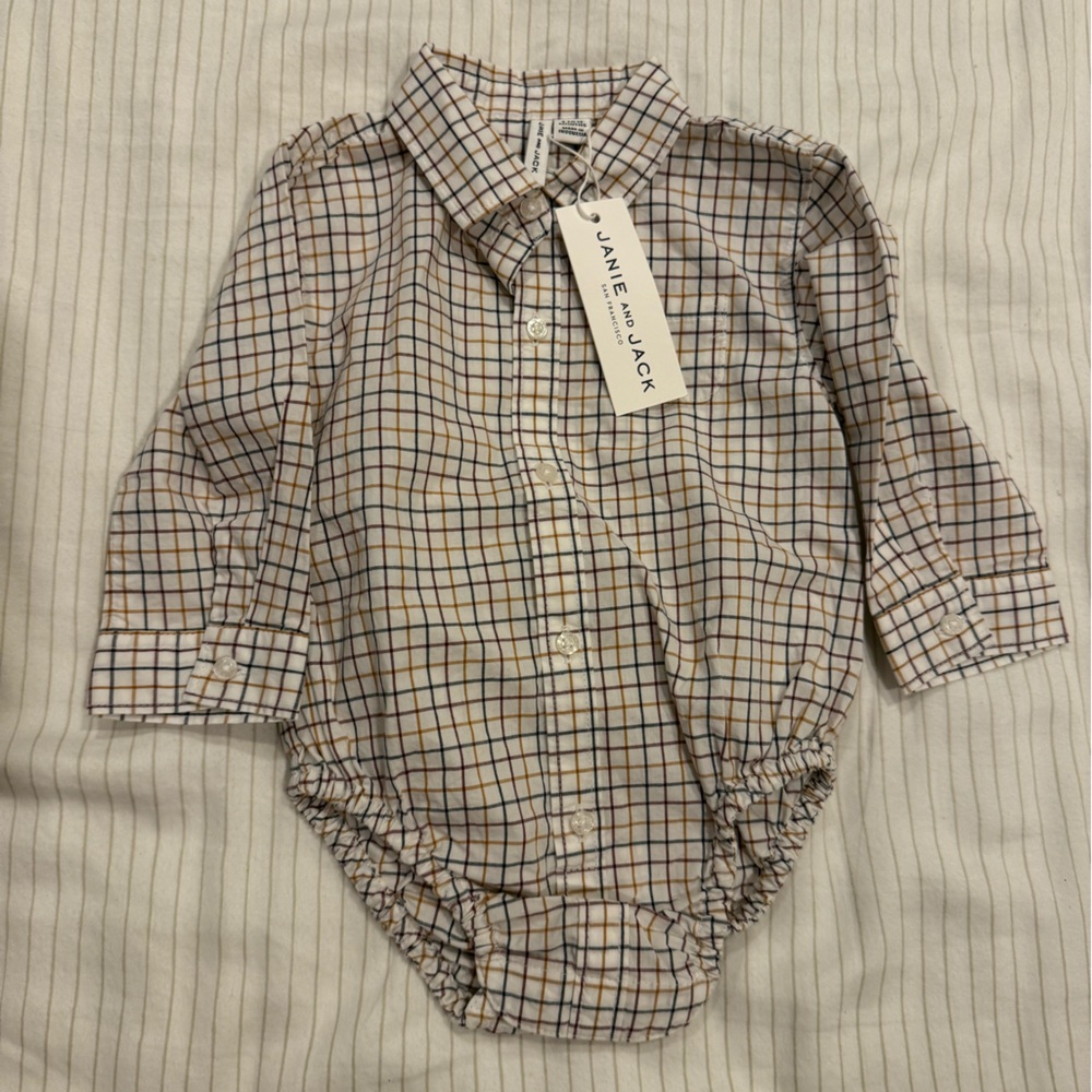 Janie and Jack Beige and Navy Plaid Button-Down Shirt